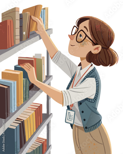 vector of a librarian placing or organizing books on shelf, wearing glasses and ID badge, white background

