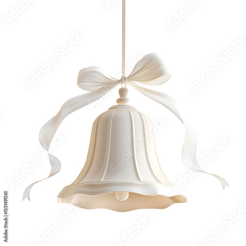 High-quality delicate white bell with a flowing ribbon, ideal for graphic designers and crafters. Use this versatile asset to add a touch of whimsy to your projects isolated on a white background.
