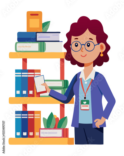 vector of a librarian placing or organizing books on shelf, wearing glasses and ID badge, white background
