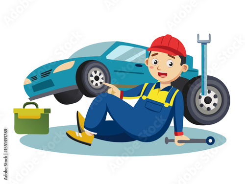 vector of a mechanic lying on creeper beneath vehicle, holding wrench, oil can nearby, white background
