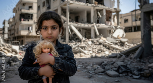 Young Palestinian girl standing in front of a completely destroyed residential building. Capturing the stark contrast between childhood innocence and the brutal reality of war and displacement.