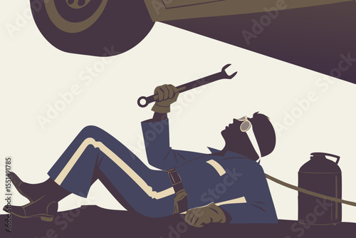 vector of a mechanic lying on creeper beneath vehicle, holding wrench, oil can nearby, white background
