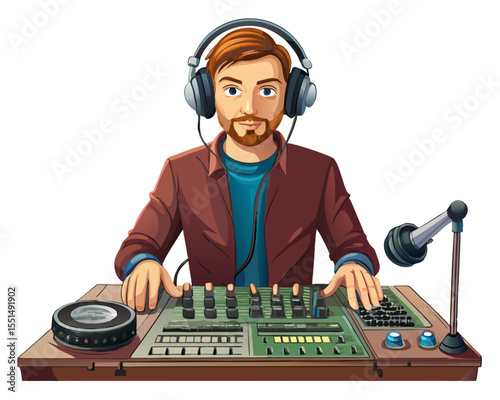 vector of a radio DJ or host with headphones and microphone, mixing board in front, isolated on white
