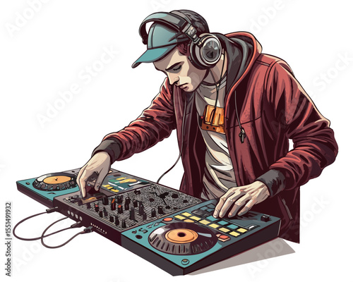 vector of a radio DJ or host with headphones and microphone, mixing board in front, isolated on white
