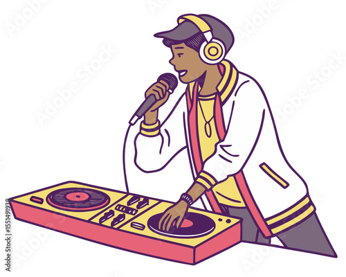 vector of a radio DJ or host with headphones and microphone, mixing board in front, isolated on white
