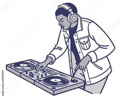 vector of a radio DJ or host with headphones and microphone, mixing board in front, isolated on white
