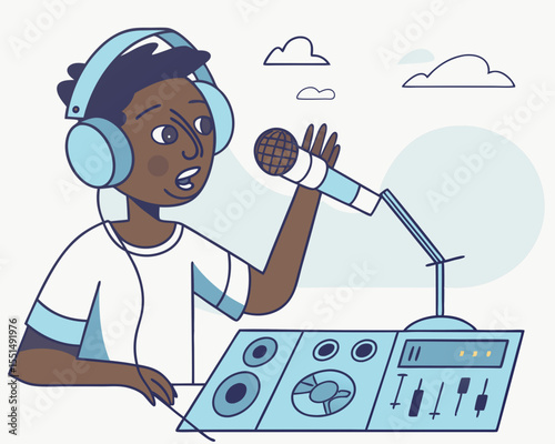 vector of a radio DJ or host with headphones and microphone, mixing board in front, isolated on white
