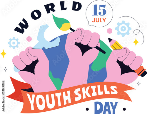 Youth with Tools and Learning Icons – Skills Day Banner