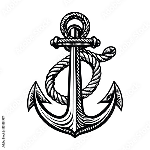 Hand-Drawn Sketch Style Line Art Vector of an Anchor with Rope on White Background