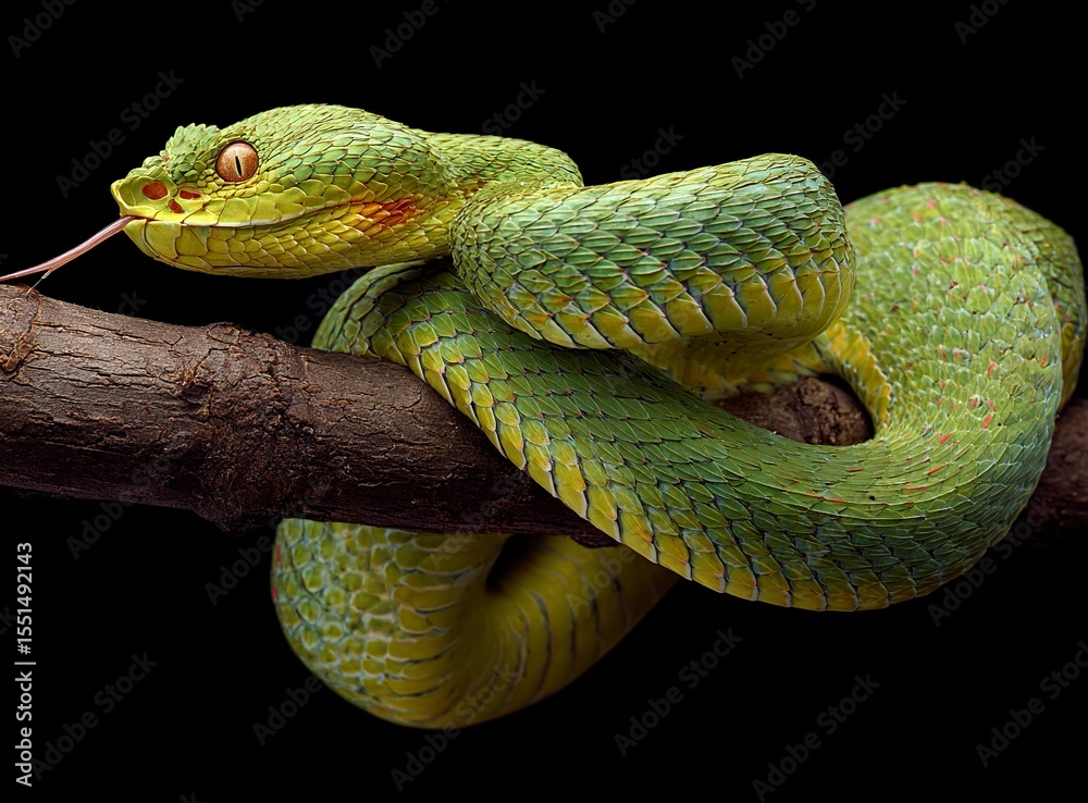 Fototapeta premium A green snake slithering on the branch, isolated against a black background with copy space. The coiled yellow and red pit viper's rough scales shimmer in the sunlight. This creature has an elegant 