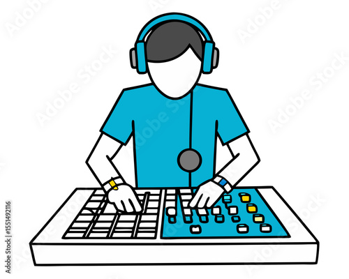 vector of a radio DJ or host with headphones and microphone, mixing board in front, isolated on white
