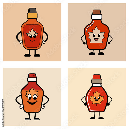 Four cartoon maple syrup bottles with maple leaf design and smiling faces standing with arms akimbo