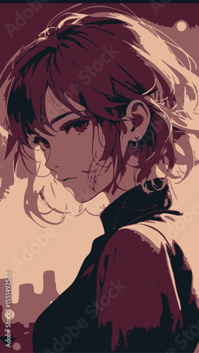 close-up portrait in the style of anime, infused with the raw, tactile emotion of ink and coal drawings, fair-skinned woman with fiery crimson hair that tumbles down in soft, expressive waves