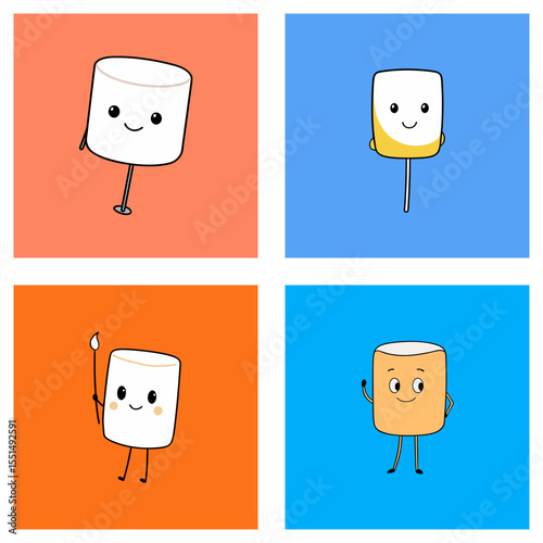 Four panels showing cartoon marshmallows with faces on colored backgrounds in a square format image