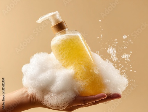 Ad photo of a close-up shot of a rich white foam and yellow pump bottle. Generative AI
