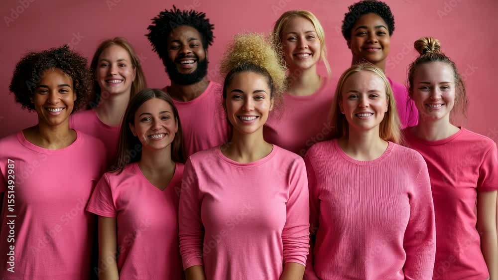 Diverse group of people wearing pink for breast cancer awareness solidarity support Diverse group of people wearing pink for breast cancer awareness solidarity support