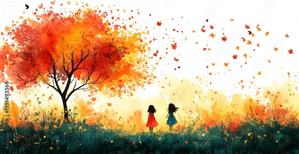 Fototapeta premium Autumn Whirl: Two Girls Beneath the Tree