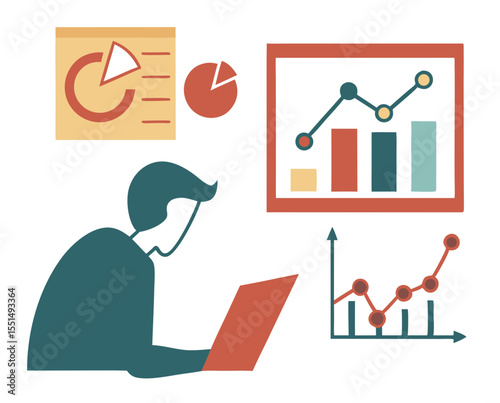 vector of a data analyst or statistician analyzing charts on laptop, graphs floating around, clean style on white
