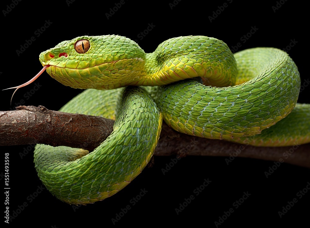 Obraz premium A green snake slithering on the branch, isolated against a black background with copy space. The coiled yellow and red pit viper's rough scales shimmer in the sunlight. This creature has an elegant 