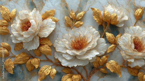 Fototapeta Naklejka Na Ścianę i Meble -  Lush golden peonies bloom against a textured white and gold canvas in stunning 3D wallpaper decor design