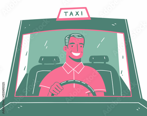vector of a taxi driver smiling inside vehicle, holding steering wheel with taxi sign on roof, isolated on white

