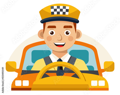 vector of a taxi driver smiling inside vehicle, holding steering wheel with taxi sign on roof, isolated on white
