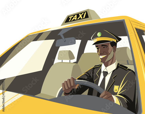 vector of a taxi driver smiling inside vehicle, holding steering wheel with taxi sign on roof, isolated on white
