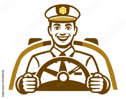 vector of a taxi driver smiling inside vehicle, holding steering wheel with taxi sign on roof, isolated on white

