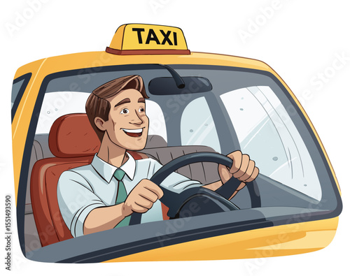 vector of a taxi driver smiling inside vehicle, holding steering wheel with taxi sign on roof, isolated on white
