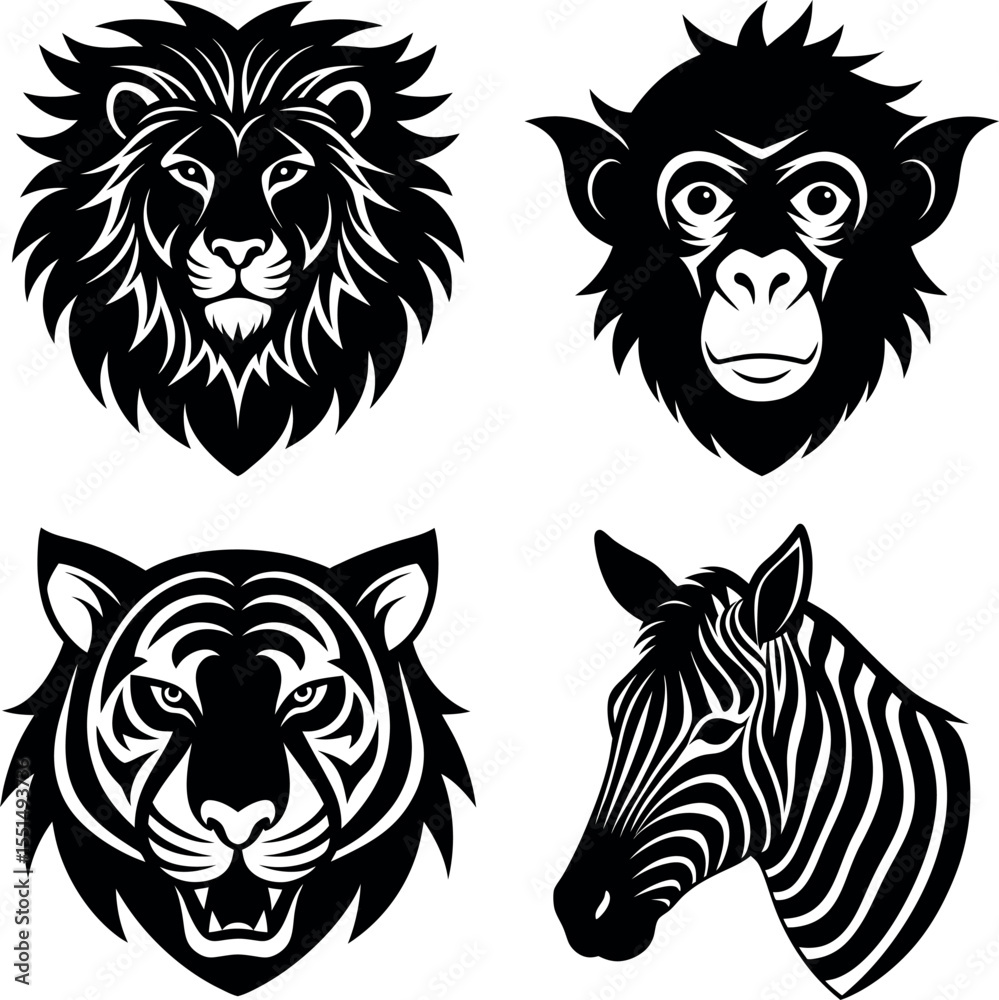 Obraz premium Animal head silhouettes on lion, monkey, tiger, and zebra