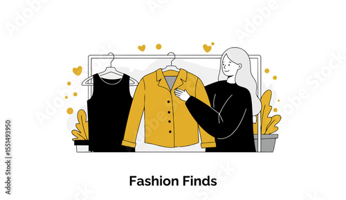 A young adult female fashion consultant examines a mustard yellow jacket, presented in a clothing store setting.