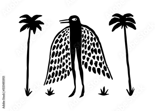 simple black bird and palm trees