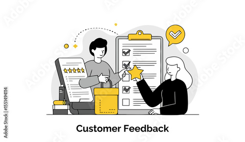 Customer service representatives exchanging feedback in a modern office setting. Two young adults are interacting with a clipboard, exchanging a golden star in a business environment.