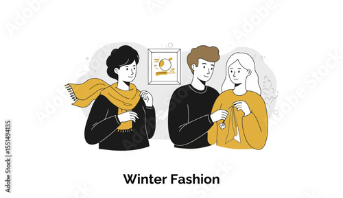 Young adults in cozy winter attire discuss fashion trends indoors, ideal for seasonal marketing content or editorials on youth lifestyle, fashion, and trends.