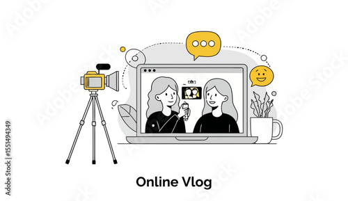 Two young women, in casual clothing, are engaged in an online vlog session in a home office setting. They are presenting a product and interacting with a virtual audience.
