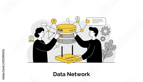 Two young professionals in black clothing collaborate on a data network project, interacting with a server and router in a modern office setting.