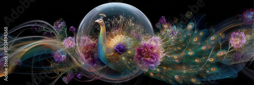 Iridescent peacock dances within a magical bubble surrounded by vibrant flowers and swirling lights in a fantasy world of color
