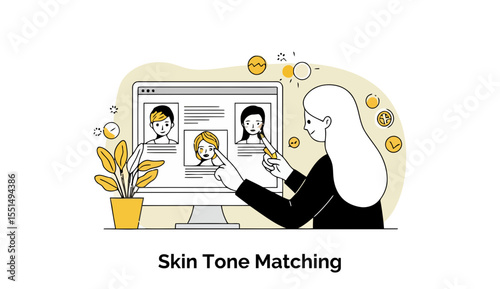 A woman with long blonde hair, wearing a black blazer, actively engages in online skin tone matching, pointing at various skin tone options displayed on a computer screen.
