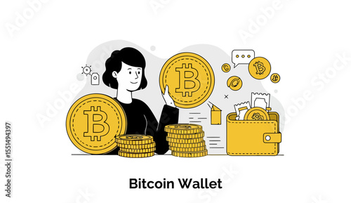 Young woman holding bitcoin coins in a modern digital cryptocurrency wallet illustration. Illustrative representation of a bitcoin wallet with various coins, showing digital financial technology.