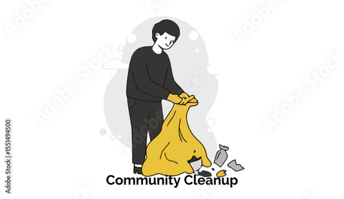 Young adult volunteer collecting trash in a community cleanup effort outdoors. Smiling individual in dark clothing with a yellow trash bag, filled with broken pieces of trash.