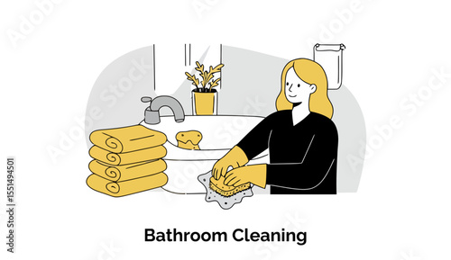 Female cleaning professional cleaning a bathroom sink wearing gloves. Performing a sink cleaning task in a domestic bathroom setting.