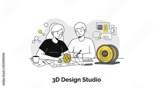 Female and male 3D designers collaborating on blueprints in a modern design studio. Working together on a 3D model and schematics at a desk with a spool of 3D printing filament.