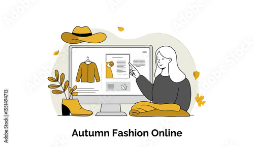 Young woman browsing autumn fashion online on computer. Female shopper pointing at fall clothing items on a digital display.