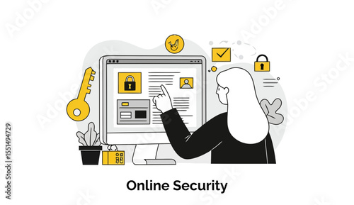 Female professional in business attire interacting with computer screen displaying online security elements in a home office setting. Woman points at screen with online security information.