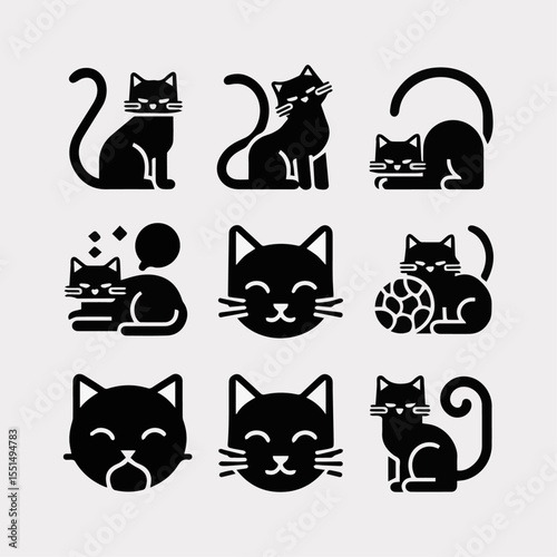 Playful and Expressive Cat Icons Showcasing Different Moods and Activities in a Minimalist Style