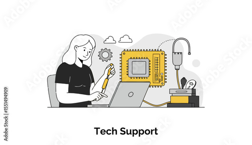 Female tech support representative working on electronic components at a workstation. Focused and attentive, examining circuit board with a laptop computer in the background.