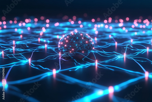 Artificial intelligence brain floating over neural network data flow