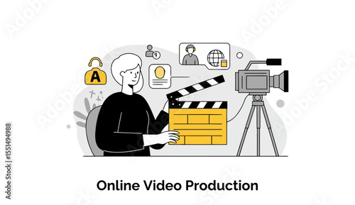 Female video producer operating online video production equipment in a home studio setting. Holding a clapperboard and preparing to film, in a modern, professional video production setting.