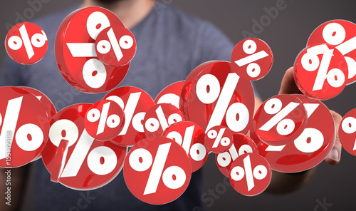 3D render of red percentage symbols floating in a hand, ideal for discount and sale concepts.