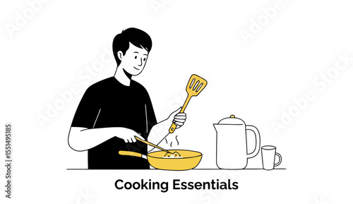 Young man in black t-shirt preparing food in a kitchen. He is using a spatula in a pan with steaming food; a kettle and cup are also present in the kitchen setting.